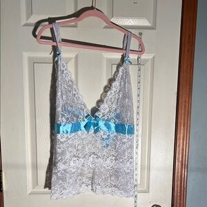 Y2K-4X-White& Blue-baby doll top/Lace Chemise with Plunging Neckline, Teddy.